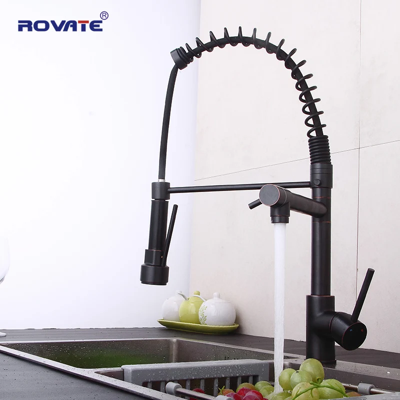 

ROVATE Spring Kitchen Faucet Pull Down Oil Rubbed Bronze Dual Spouts 360 Swivel Sink Tap Cold and Hot Water 2 Outlet Mixer