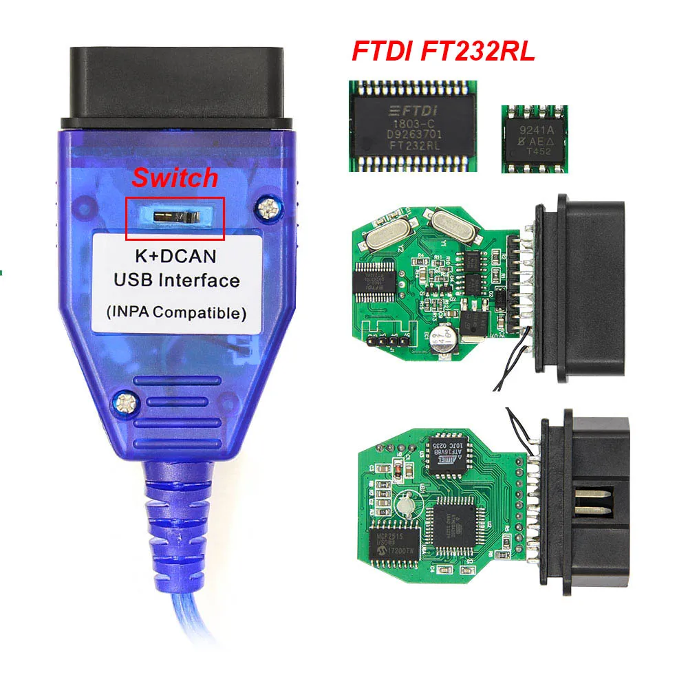 Для BMW OBD2 сканер INPA K+ DCAN FTDI FT232RL чип с кабелем переключения USB интерфейс Inpa k dcan OBD OBD2 автомобильный диагностический инструмент - Цвет: Blue With Switch