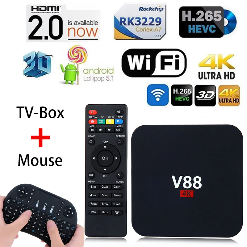 

V88 MXQ Quad Core Android 6.0 Smart TV Box WiFi RK3229 4K HD H.265 Media Player Intelligent Home Set Top Box smart tv