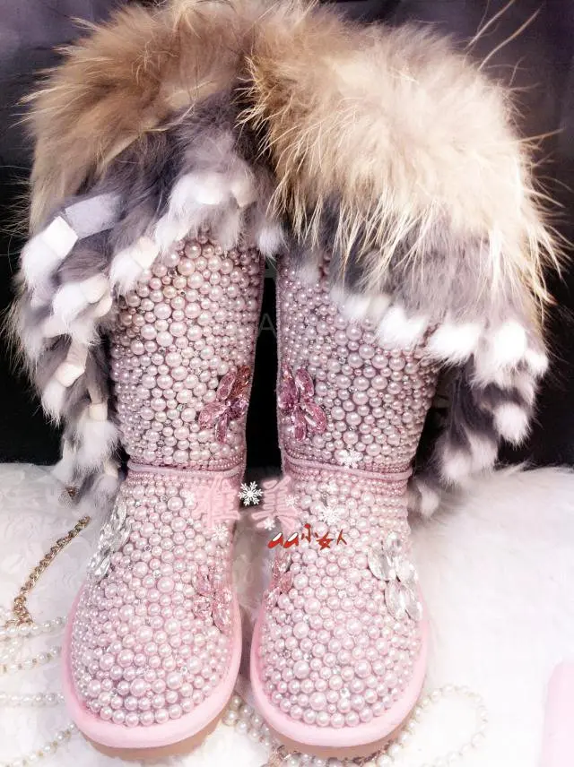 Hot selling fashion 100% Wool inside snow boots women diamond rhinestone handmade pearl snow boots genuine leather winter boots