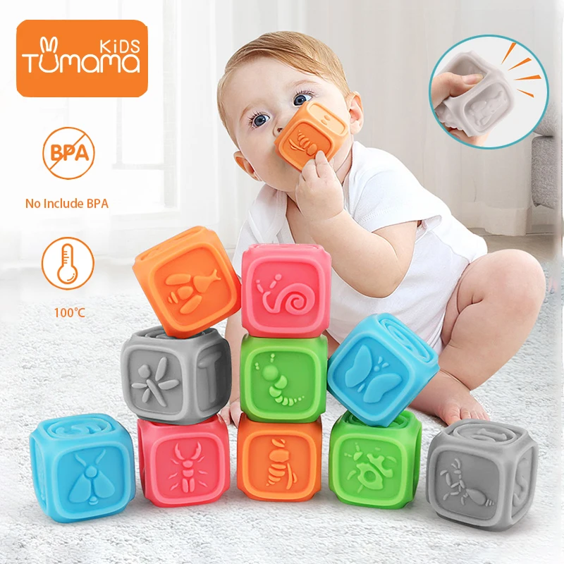 Tumama Baby Rattles 10pcs 3D Trctile Perception Hand Grip Ball Soft Balls Rubber Teethers Educational Toys For Baby Brinquedos  