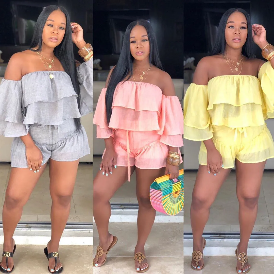 

2 Piece Set Women Off Shoulder Tops And Shorts Ladies Two Piece Set Summer Vintage Pure Color Bell Puff Sleeve Movement Set