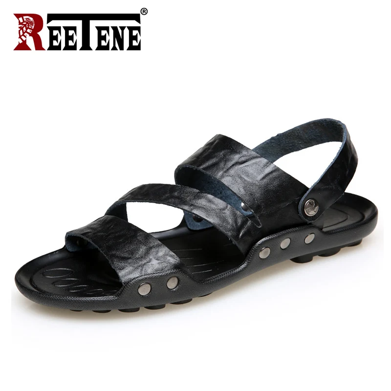 REETENE جديد وصول الصنادل للرجال رخيصة بو الجلود الرجال الصنادل عالية الجودة الذكور أحذية الانزلاق على مريحة الرجال الشقق حجم 48