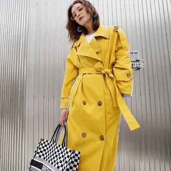 

Bright Yellow Trench Coat Striped Patchwork 2019 Women Long Windbreaker Double Breasted with Belt Slim Outwear Korean LT872S50