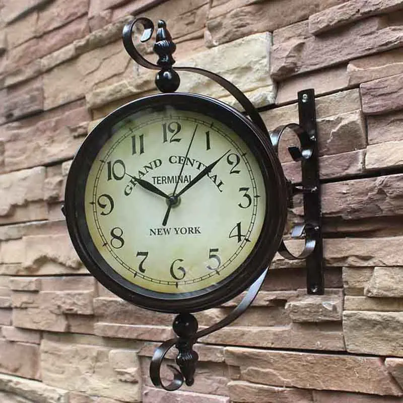 

Brown Vintage Double Sided Metal Iron Frame Glass Wall Clock Station Wall Clock Wall Hanging Clocks Station Garden Decor