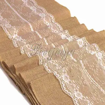 

30cm x 275cm 10Pieces White Lace Natural Hessian Burlap Table Runner For Party Banquet Hotel Table Wedding Decor Home Textile