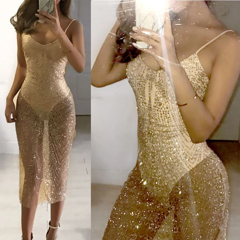 Сексуальное прозрачное блестящее серебристое Золотое платье с блестками, женское платье с v-образным вырезом и разрезом по бокам на тонких бретельках, прозрачное Сетчатое облегающее экзотическое платье
