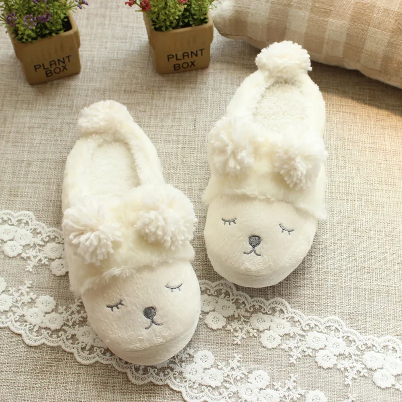 

2017 Winter Japanese Style Lovers Cartoon Small Sheep Pattern With Pompoms Decorative Home Floor Warm Cozy Cotton Plush Slippers