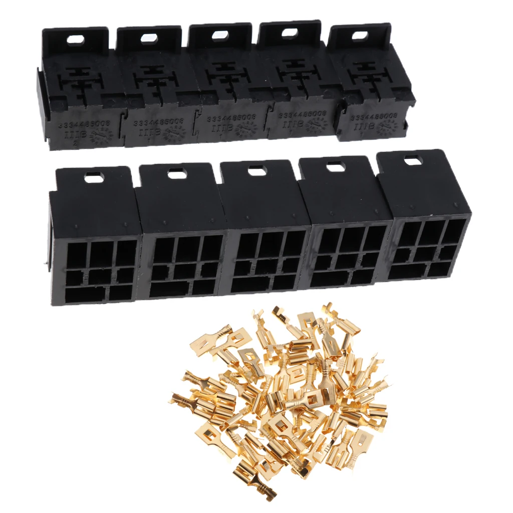 10 Sets 30A-80A Relay Bracket Terminal Case Holder Relay Base Holder 5 Pin Socket with 50 Terminals 6.3mm Kits For Automotive 