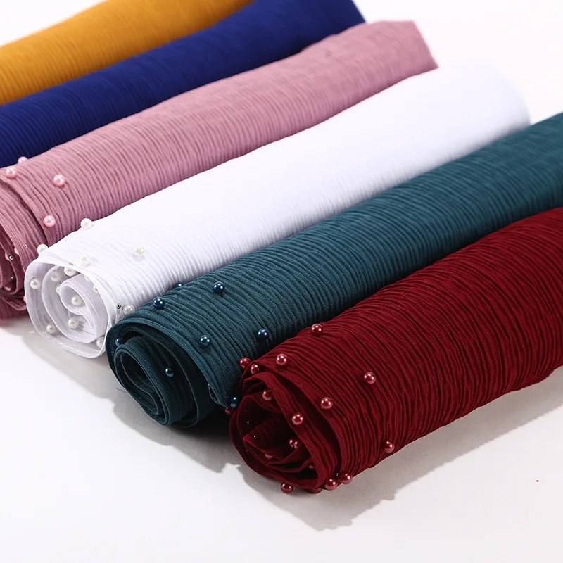 

75*180CM Women Scarf pleated pearl chiffon ethnic women's headscarf new Muslim solid color hijab manufacturers MY-MSL021