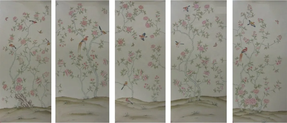 

Customized Classic style elegant Hand-painted silk wallpaper painting flowers with birds many patterns and background optional