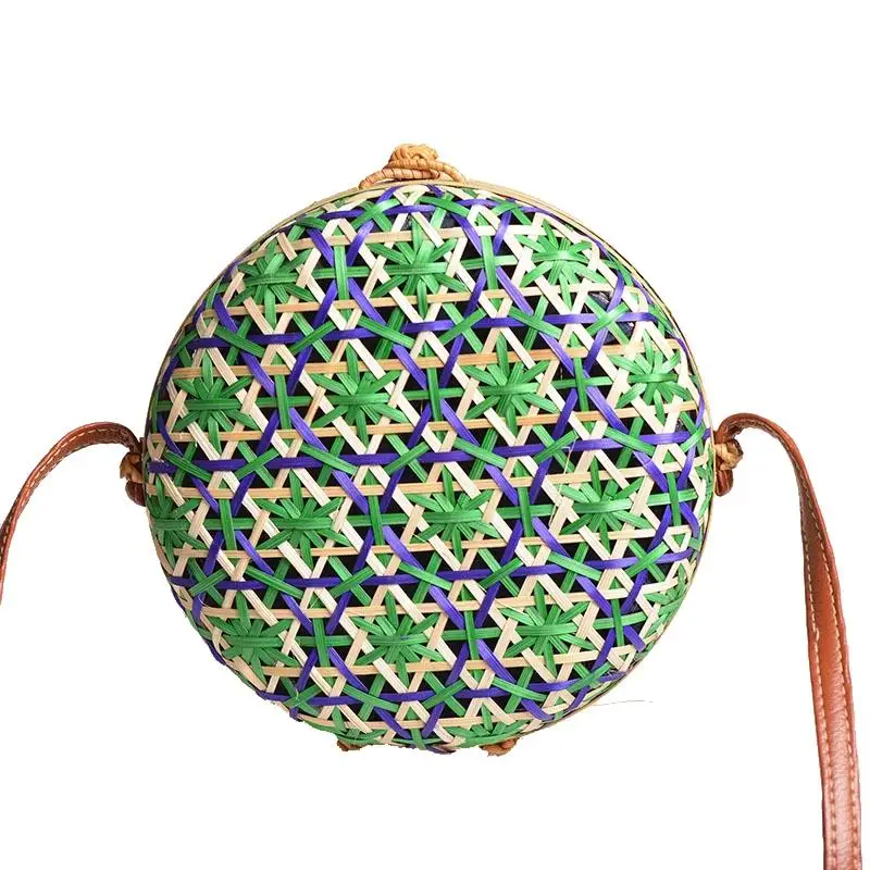 Новая круглая Соломенная пляжная сумка круглая плетеная Сумка из ротанга женская сумка красочный цветочный узор женская сумка на плечо - Цвет: Green