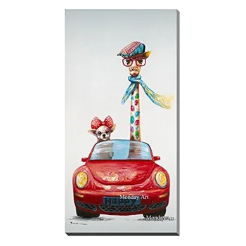 

100% Hand Painted Oil Painting Cute Animal Road Trip Ready to Hang Happy Trip Giraffe Animal Lovely Art Pictures Home Decor Gift