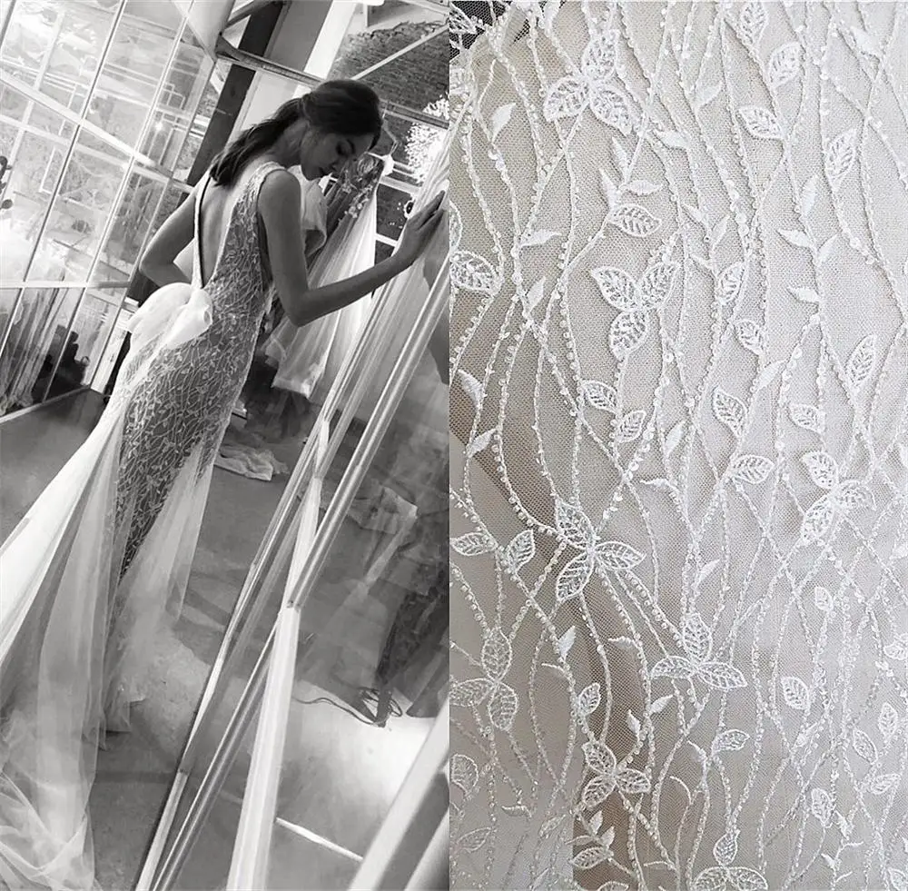 

Ivory-white Summer Tree Leaves Embroidered With Sequins Beaded Handmade DIY Material High-grade Dress Cloth Width 130cm 1yard