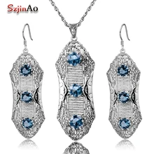 Szjinao роскошные свадебные украшения комплекты Для женщин Юбилей чистого серебра 925 пробы серебро Завод подвеска(кулон) цвета морской волны с квадратными кристаллами Винтаж