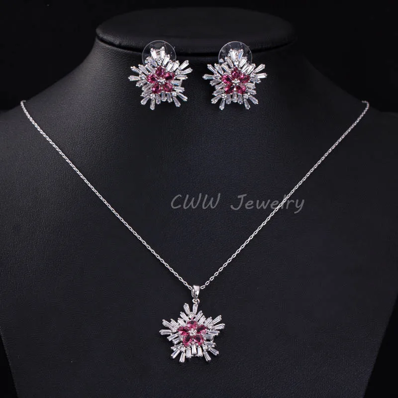 CWWZircons Брендовые женские модные ювелирные наборы AAA+ кубический цирконий цветок кулон ожерелье серьги набор для женщин T208 - Окраска металла: red