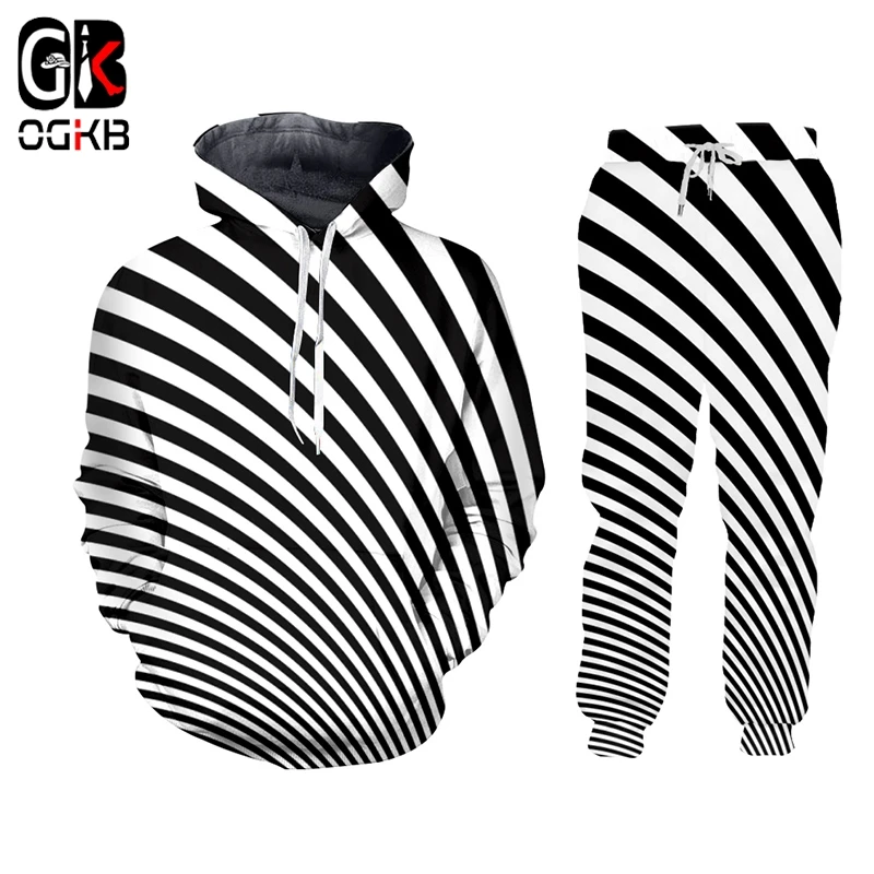 

OGKB New Men's / Women's Black White Stripes, 3D Printing customizable Sportswear Hip Hop Sweatshirt And Pants Set Of 2 Hoodies
