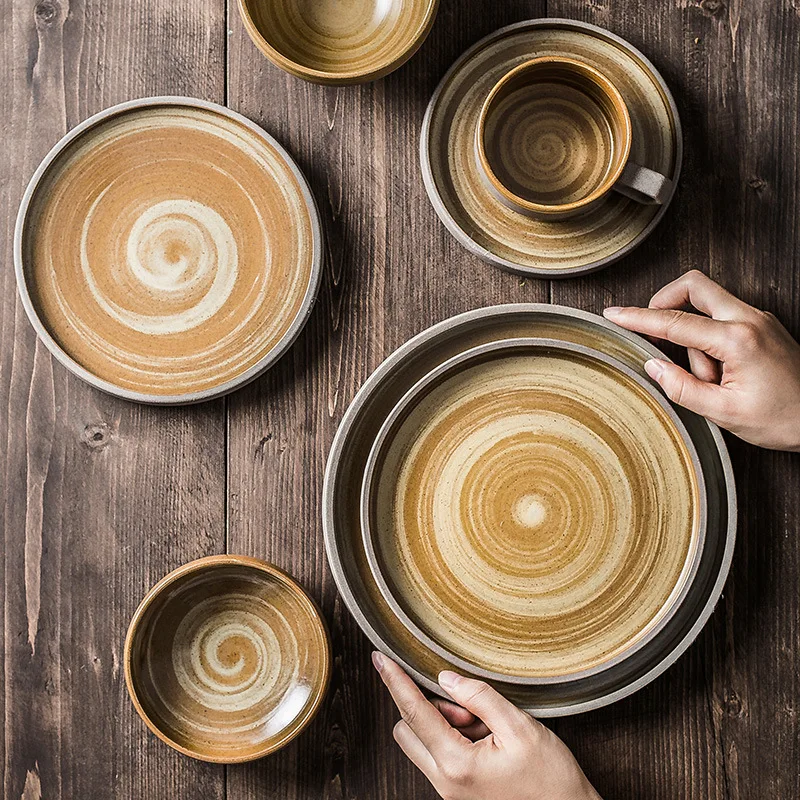 

Coarse Ceramic Plate Round Steak Tray Retro Dinnerware Set Rice Bowl Flat Plate Japanese Tableware Coffee Cup Sushi Dishes 1pcs