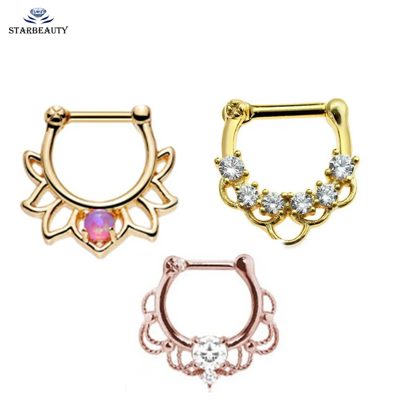 

Hot Rose HoGold-Color 1PC Nose Ring Lacey Opal Gem Septum Ring Rook Clicker Titanium Shaft 16G Nose Hanger Body Piercing Jewelry