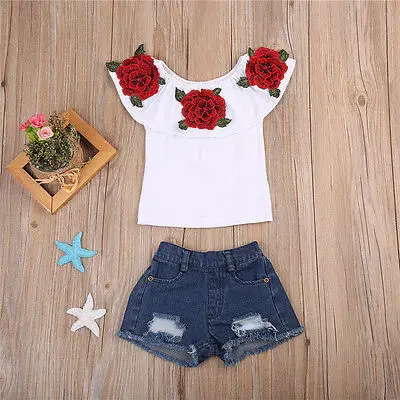 

Pudcoco 2017 Fashion Toddler Kids Baby Girls 3D Flower Tops+Denim Hot Shorts Outfits Clothes 0-6Y