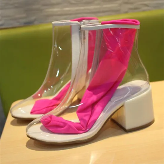 2018 Net Red Shoes Woman PVC Boots Women Ins Hot Transparent Candy Color Sock Ankle Boots Thick High Heel Rain Boots Botas Mujer (17)