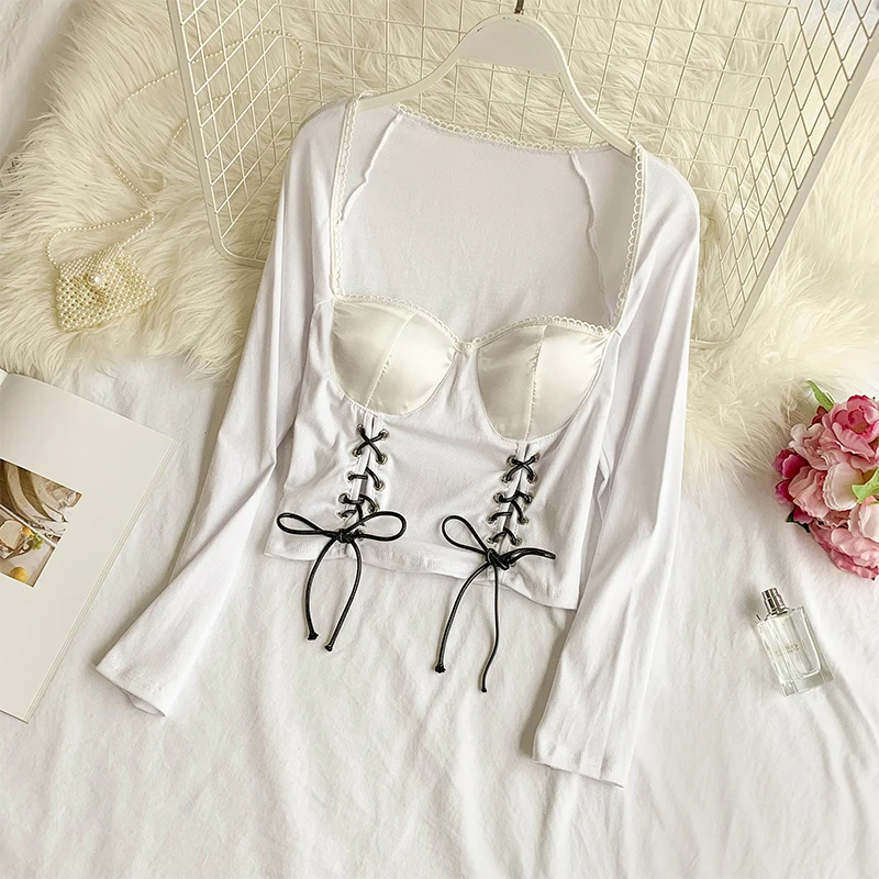 

2019 spring new women Square Collar splice satin Pap chest Drawstring waist short shirt female solid color elegant blouse tops