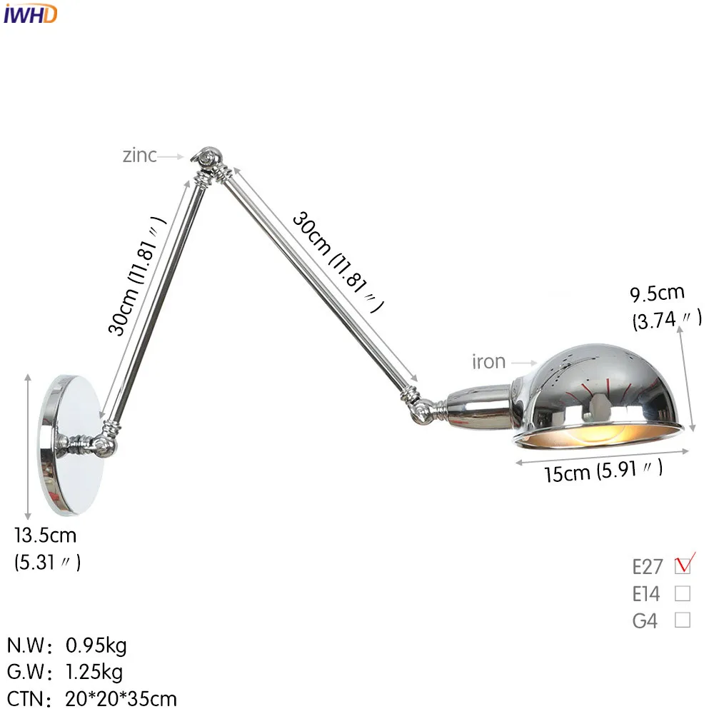 IWHD серебро Лофт Стиль Винтаж светодиодный настенный светильник Ванная комната Спальня Ретро Регулируемый качели длинные руки настенный светильник Эдисон Aplique сравнению