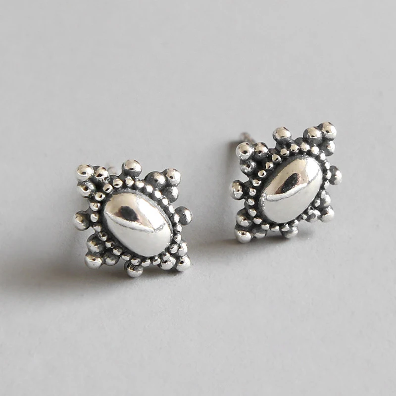 

925 Sterling Silver Earring Simple Vintage Personality Geometric Ethnic Female Stud Earrings Fine Jewelry 2019 New WDE014