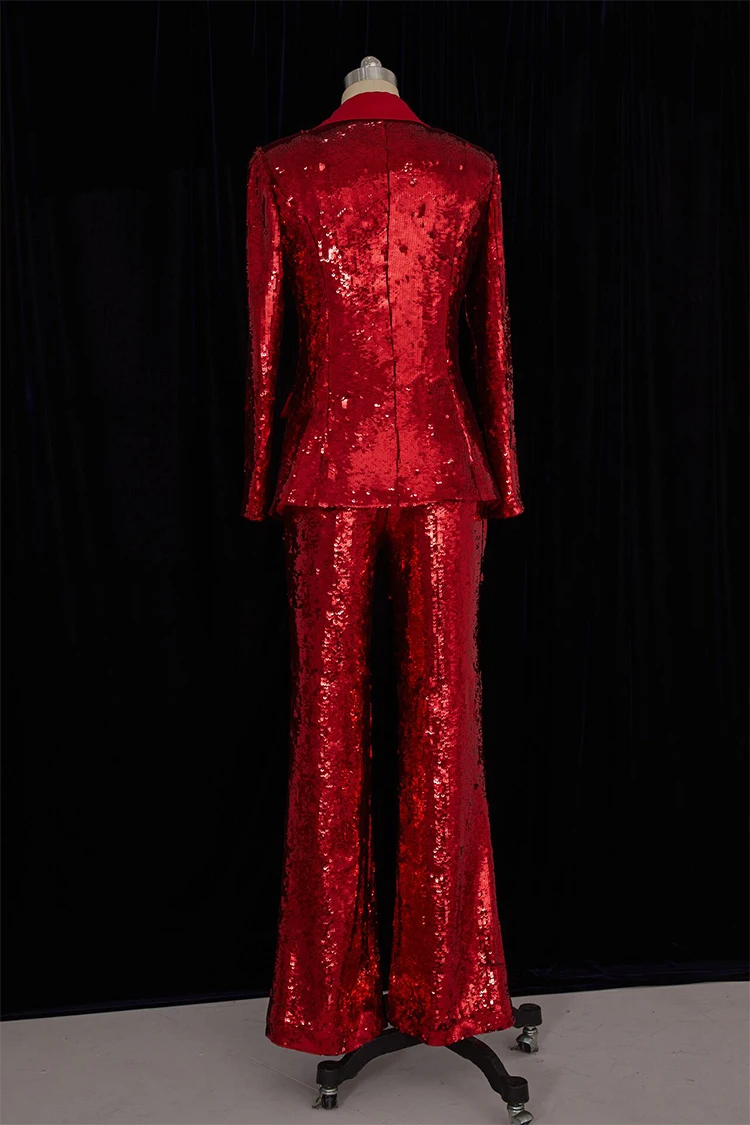 Роскошные элегантные Для женщин полный блестки красные штаны комплект хост женские вечерние сцены Bling пиджак+ брюки Комплект из 2 предметов Y256