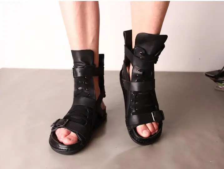 Tuziblobo/мужские римские сандалии, черная обувь, сандалии-гладиаторы с высоким берцем, из натуральной кожи, шлепанцы, летние мужские сандалии