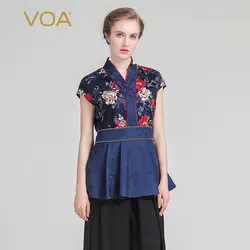 VOA 2018 летние темно-синие кимоно тяжелый шелк футболка рубашка в китайском стиле вышивка Добби короткий рукав Высокая талия женские топы