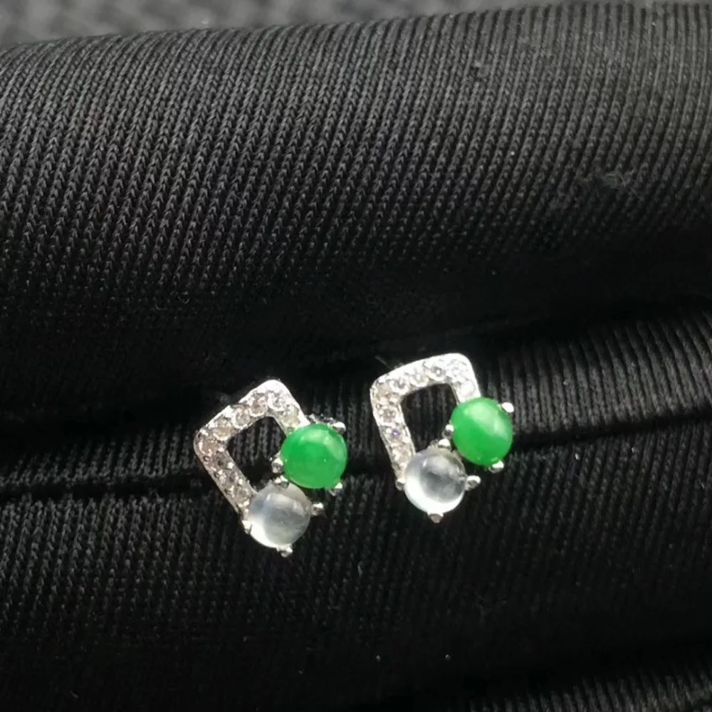 Natural green jade stud earrings 925 silver natural gemstone fashion