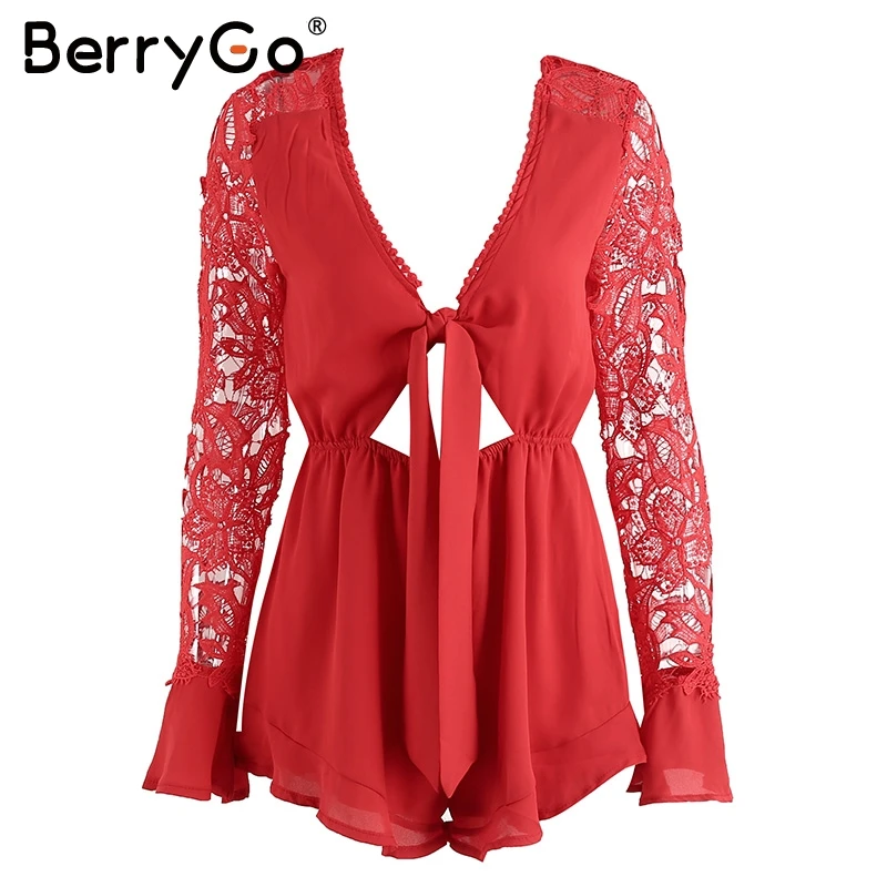BerryGo Sexy v neck lace summer jumpsuit romper Women hollow out black short playsuit Elegant bow flare long sleeve overalls Jumpsuits and Playsuits