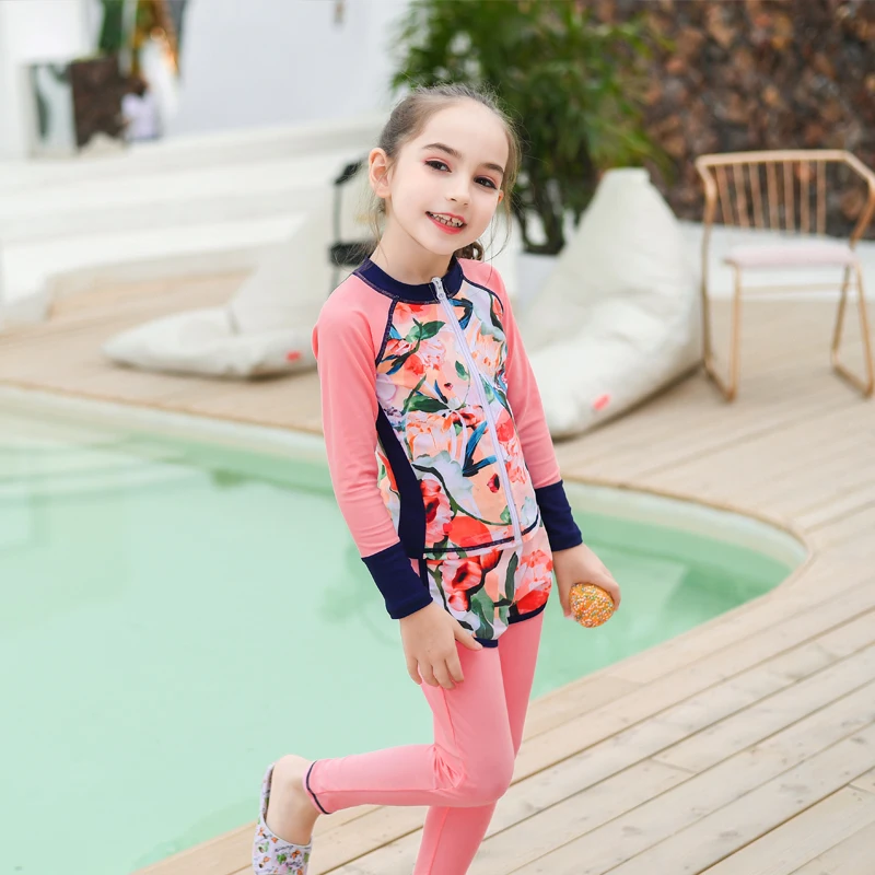 مراهق بنات طفح الحرس ملابس السباحة 2 قطعة طويلة الأكمام سترة السراويل الملونة تصفح لباس سباحة Rashguard ملابس الغوص 2019