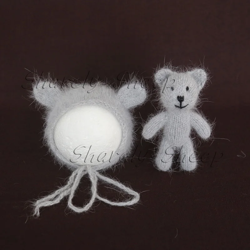 

Newborn Baby Cartoon Hat Bear Doll Photography Props Infant foto Baby Photo Shoot Winter Wool Hat bebe fotografia Accessories