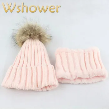 

Kid Hat Scarf Sets Real Fur Pompom Winter Scarf Hat Sets For Children Boy Girl Fur Pom Pom Knitted Scarf And Hat Thickened Warm