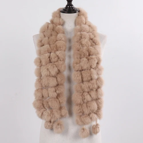 New Winter Women Real Rabbit Fur Scarf Natural Warm Rabbit Fur Muffler Girl Fashion Knitted Genuine Rabbit Fur Scarves - Color: khaki