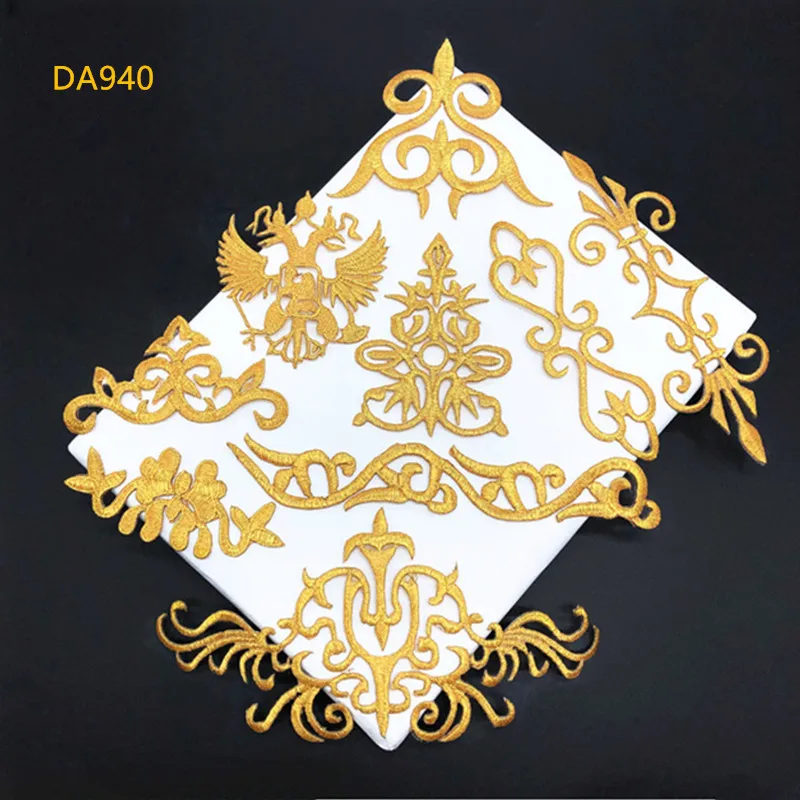 

5Pcs retro many style gold Patches Stickers Ironing on clothes DIY Badges Embroidered Lace Applique For DIY Wedding Dress DA940