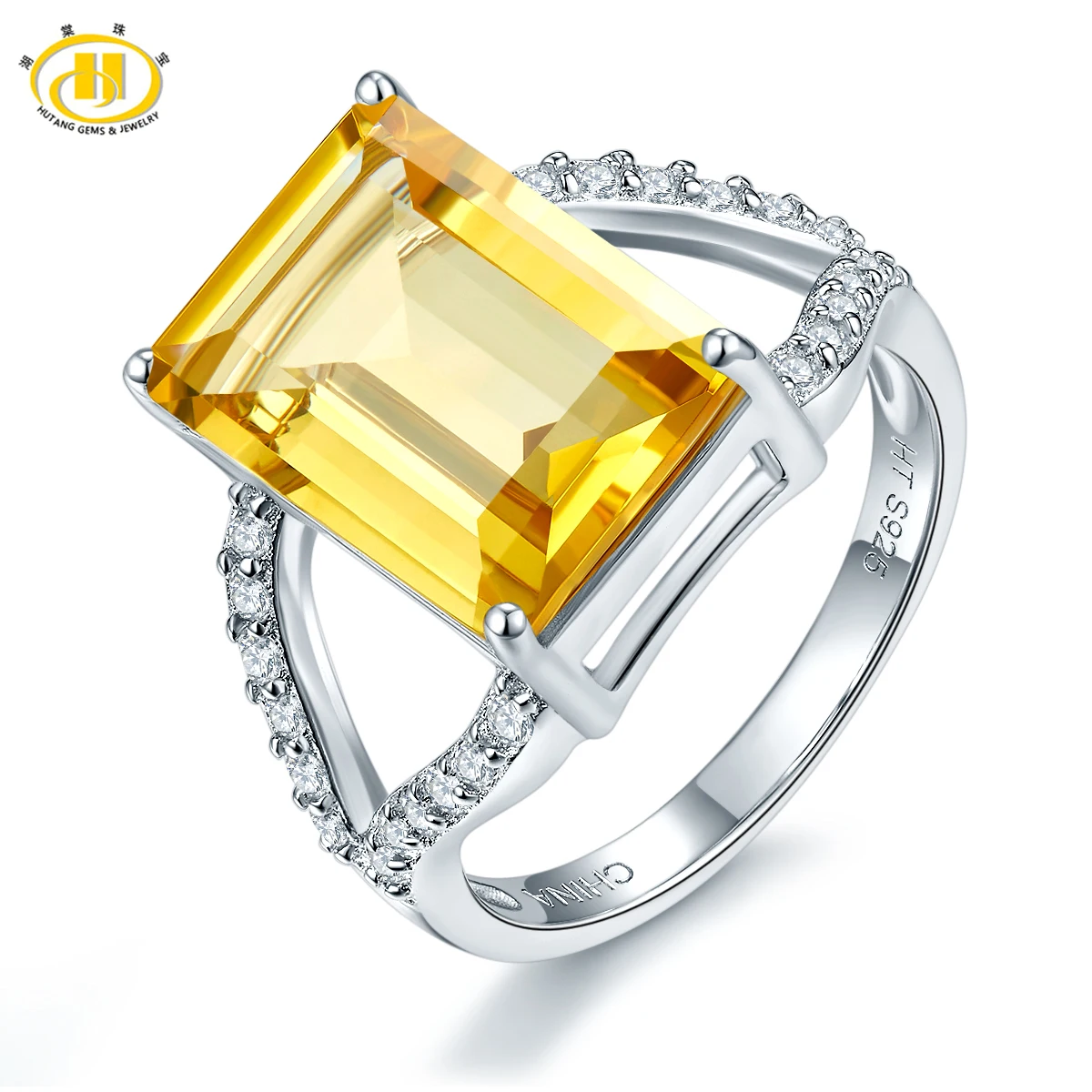 

Hutang 6.16ct Natural Golden Citrine Cocktail Jewelry 925 Sterling Silver Gemstone Ring For Women Accessories 2017 New