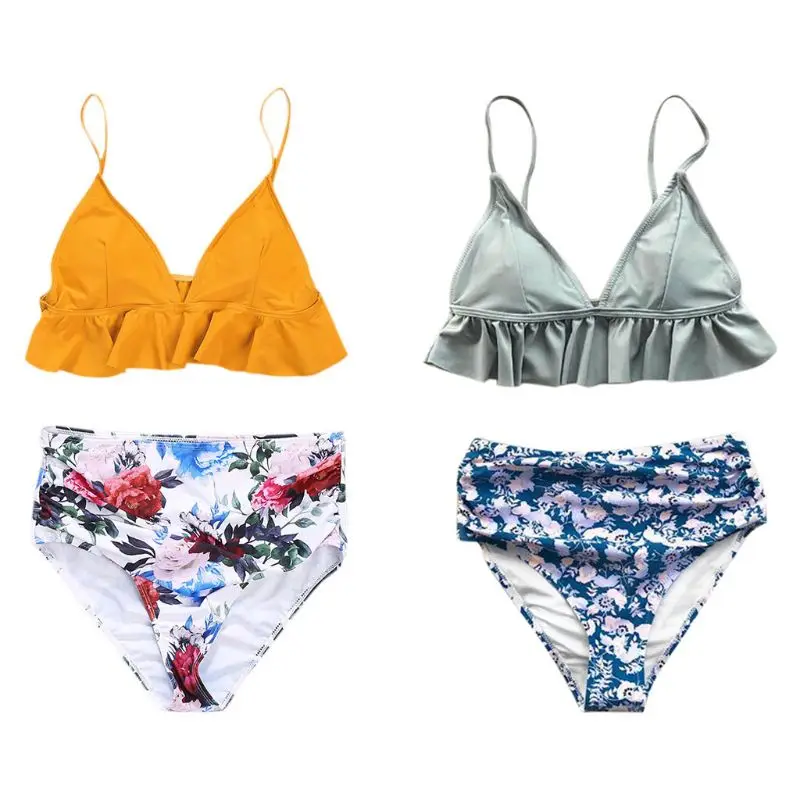 

Womens Sexy Two-Piece Bikini Set Deep V-Neck Ruffle Trim Solid Padded Bra Swimsuit Floral Print Pleated High Waist Briefs Beachw
