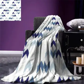

Navy Throw Blanket Abstract Ethnic Ikat Chevron with Hazy Zigzag Folk Traditional image Warm Microfiber Blanket