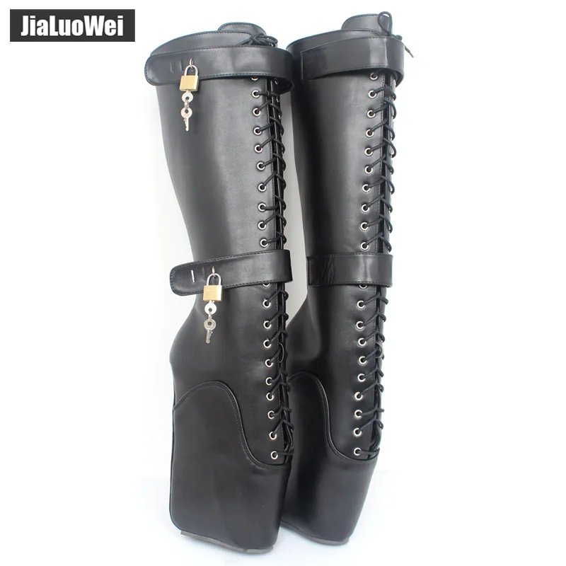 

jialuowei Brand 18cm Extreme High Heel Lace-up Wedge Heelless Sole Ballet Boots Fetish Sexy Lockable Knee-High Ballet Boots