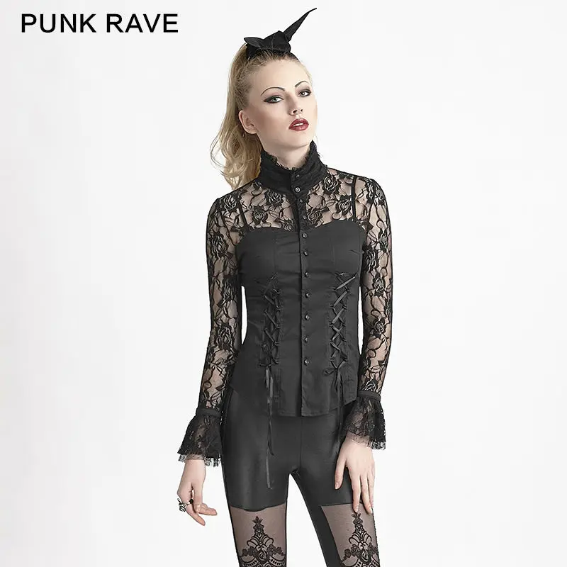 Новинка года, кружевная винтажная черная рубашка с длинными рукавами в стиле панк, готика для девочек топ, Y618 S-XXL