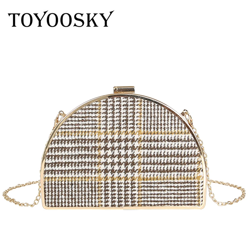 

TOYOOSKY Houndstooth Women Handbag Semi Circle Chain Female Shoulder Bag Lady Wool Crossbody Bag Fashion Frame Saddle Bag