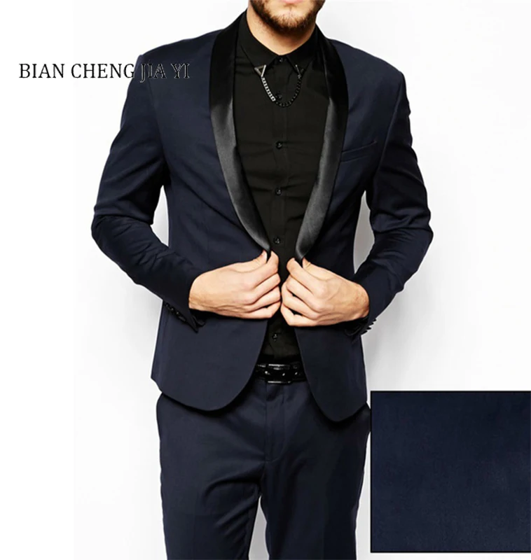 

High quality Men Suits Navy Blue Wedding Tuxedos For Men Slim Fit Mens Suit Clothing Shawl Collar Business Casual Grooms Wear