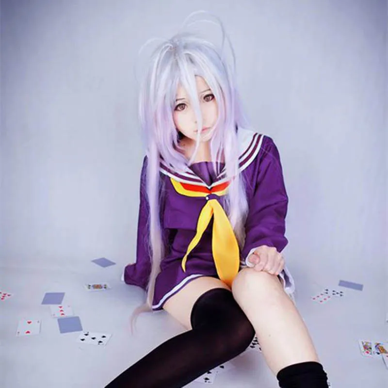 Coshome No Game No Life Shiro Wigs Cosplay Dress Costumes School Girls Sailor Uniforms Women Tops Bow Tie With Socks (4)