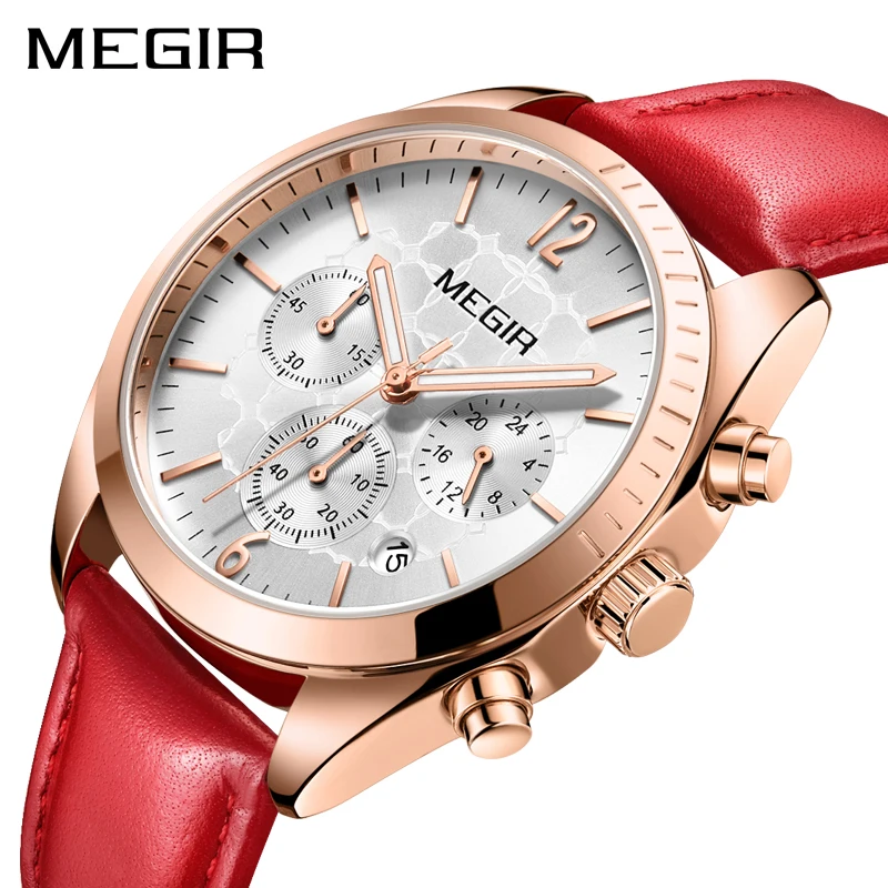 

MEGIR Brand Luxury Fashion Rose Gold Watch Quartz Watches Women Red Leather Band Wristwatch Ladies Clock Women reloj mujer 2018