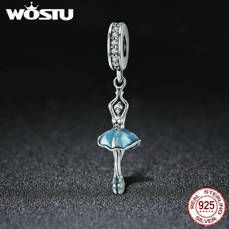 WOSTU Original Design 925 Sterling Silver Blue Enamel Dancer Ballet Girl Pendant fit for Charm Bracelet Women Mother Gift BKC514