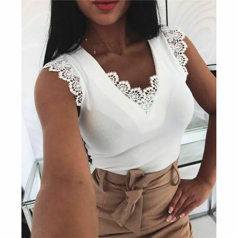 

Women Ladies Summer Lace Top Elegant Bandage Stretch Vest Sleeveless Open back Tank Ladies V neck tunique femme Streetwear