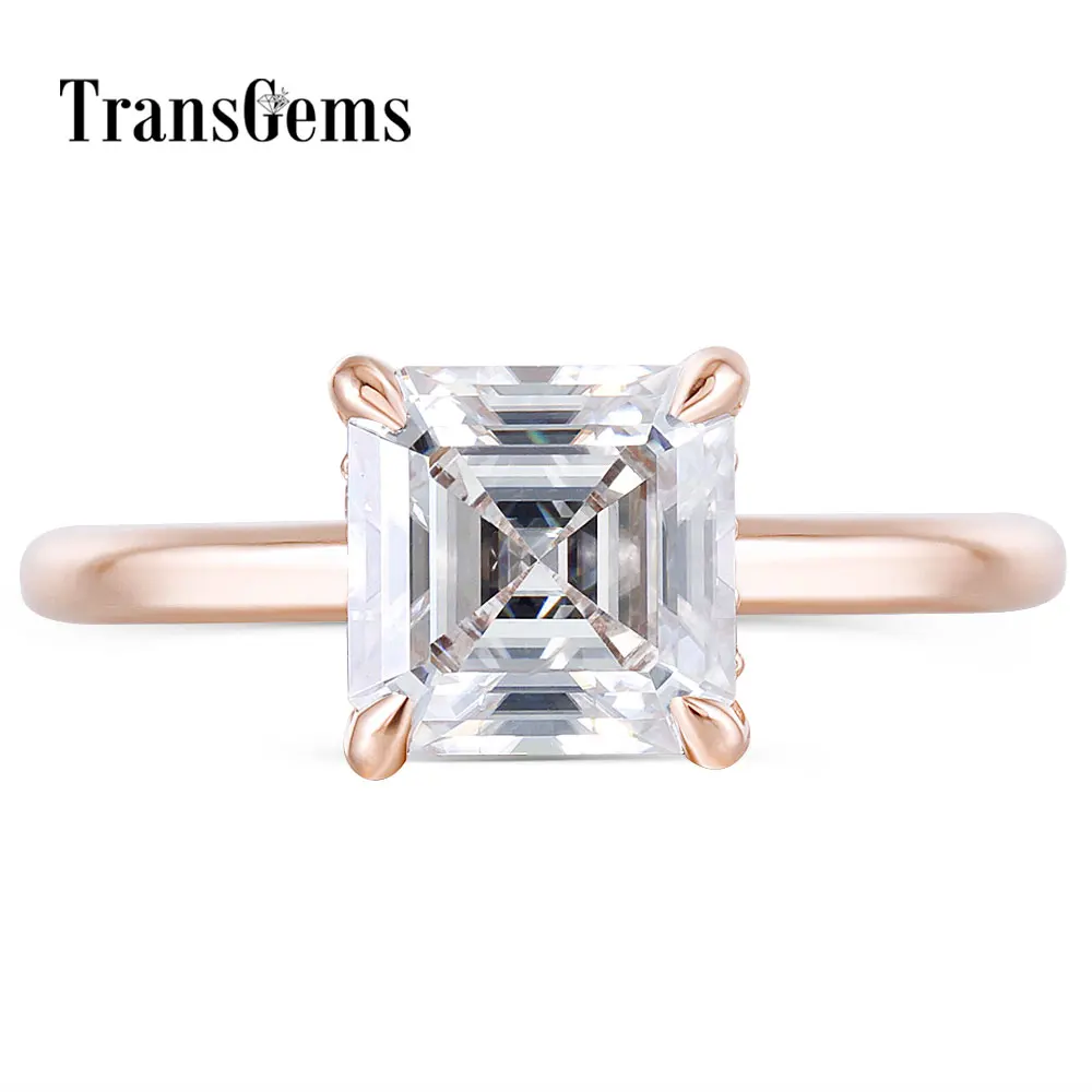 

TransGems Fashion 14K Rose Gold 6.5mm FG Color Asscher Cut Moissanite Diamond Engagement Rings For Women Wedding with Accents